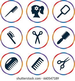 Hairdresser icons set. set of 9 hairdresser filled icons such as comb, barber scissors, hair brush, mirror