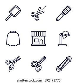 hairdresser icons set. Set of 9 hairdresser outline icons such as hair brush, barber scissors, salon hair dryer, beauty salon, mirror, hairdresser peignoir, hair curler