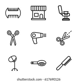 Hairdresser icons set. set of 9 hairdresser outline icons such as barber scissors, comb, hair dryer, hair brush, beauty salon, barber chair