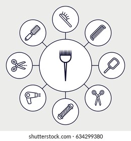 Hairdresser icons set. set of 9 hairdresser outline icons such as barber scissors, comb, hair dryer, barber brush, hair brush, mirror, hair curler