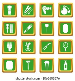 Hairdresser icons set vector green square isolated on white background 