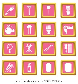 Hairdresser icons set vector pink square isolated on white background 