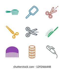 hairdresser icons. Trendy 9 hairdresser icons. Contain icons such as hair curler, comb, hair brush, scissors, barber scissors, mirror. hairdresser icon for web and mobile.