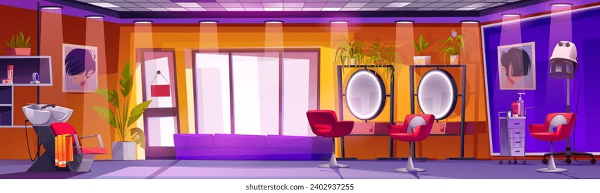 El diseño interior de la peluquería. Dibujo vectorial de la sala de belleza salón con espejos y carteles de corte de pelo en la pared, sillones, secador de pelo, botellas cosméticas de cuidado de pelo en la estantería, gran ventana