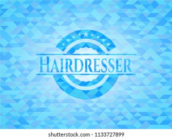 Hairdresser light blue emblem. Mosaic background