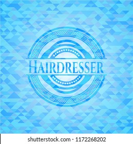 Hairdresser light blue emblem. Mosaic background