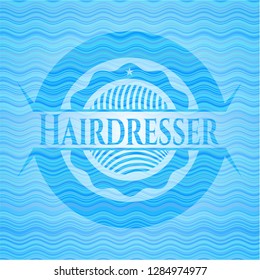 Hairdresser light blue water wave badge background.