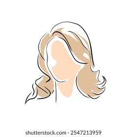 Cabeleireiro, mulher de arte de linha com cabelo ondulado bonito, ilustração de desenho vetor isolado. Penteados
