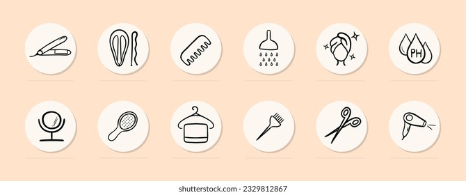 Hairdresser line icon. Towel, hair clip, scissors, mirror, hair dryer, comb. Pastel color background. Vector line icon