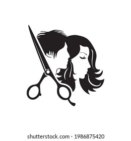 Hairdresser logo, Beauty salon logo with man and woman silhouettes, vector illustration.