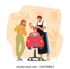 Hairdresser Make Hairstyle to Little Child Sitting in Car Chair front of Mirror in Children Salon, Mother Waiting Son in Kids Barbershop, Boys Beauty and Fashion. Cartoon People Vector Illustration