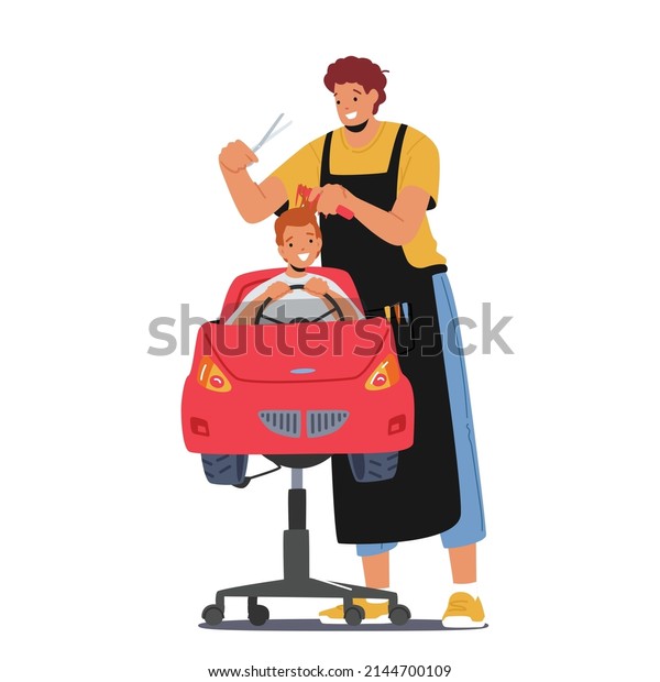 Hairdresser Make Hairstyle to Little Child\
Sitting in Car Chair in Children Salon Isolated on White\
Background, Kids Barbershop, Boys Beauty and Fashion Concept.\
Cartoon People Vector\
Illustration
