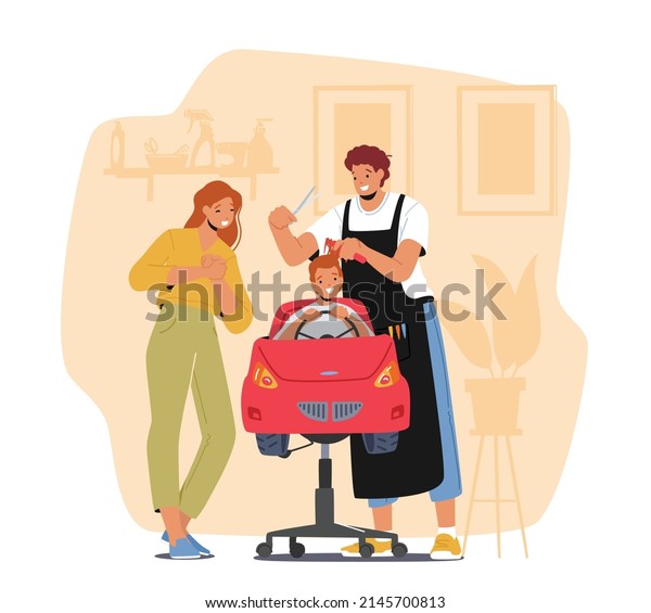Hairdresser Make Hairstyle to Little Child\
Sitting in Car Chair front of Mirror in Children Salon, Mother\
Waiting Son in Kids Barbershop, Boys Beauty and Fashion. Cartoon\
People Vector\
Illustration