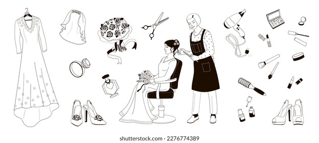 the hairdresser makes the bride's hairstyle, prepares for the wedding, sets elements preparation for the wedding ceremony-bride's dress, shoes, cosmetics, veil, black and white vector illustration 