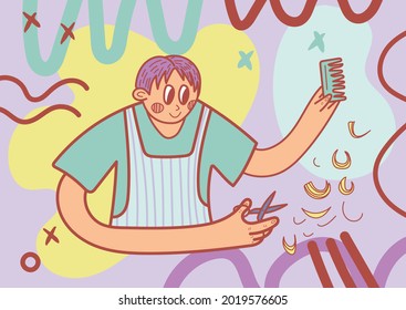 The hairdresser makes a haircut and holds scissors and a comb in his hands