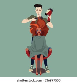 Hairdresser makes hairstyle with a hair dryer , vector illustration in cartoon style