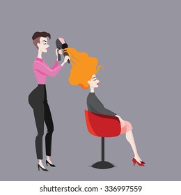 Hairdresser makes hairstyle , vector illustration in cartoon style