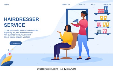 The hairdresser making a fashionable haircut to the client. Flat vector cartoon illustration with fictional characters. Website, web page or landing page template