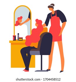 Hairdresser making female fashion haircut to woman client, isolated characters vector. Hairdressing services, stylist cutting hair of girl in chair. Customer in beauty salon, hairstyle changing