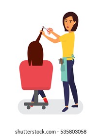 Hairdresser making haircut. Hair stylist in a barber salon. Hair care service. Flat design vector illustration