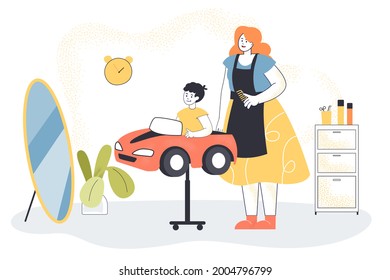 Hairdresser making haircut for little boy. Flat vector illustration. The child sitting in car-chair and getting new hairstyle at childrens barber shop. Beauty salon, childhood, style, care concept