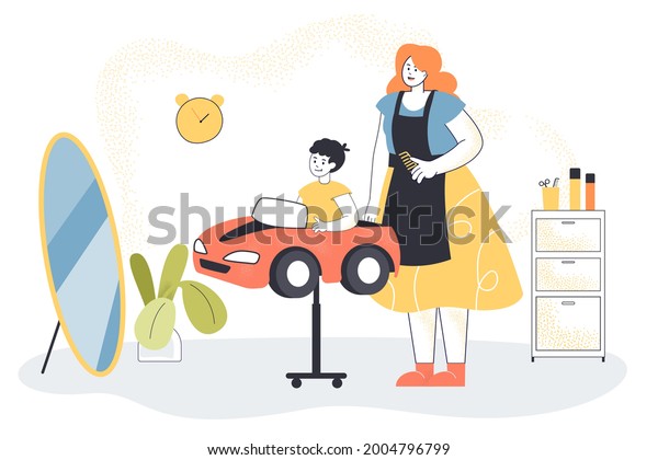 Hairdresser making haircut for little boy. Flat\
vector illustration. The child sitting in car-chair and getting new\
hairstyle at childrens barber shop. Beauty salon, childhood, style,\
care concept
