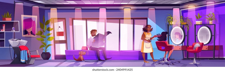 Peluquería para mujer en salón de belleza. Dibujo vectorial de una habitación grande con espejos y carteles de corte de pelo en la pared, cliente femenino en sillón, hombre leyendo periódico en el sofá