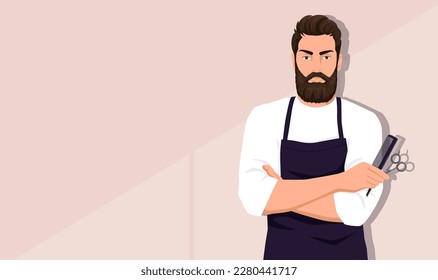 Hairdresser man con barba usando delantal negro sostiene en peine y tijeras de mano. Plantilla de afiche de peluquería o peluquería en fondo rosado. Afiche del servicio de afeitado informal masculino. Ilustración del vector