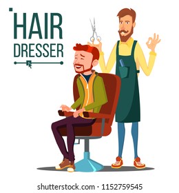 Hairdresser And Man Vector. Barber. 
Scissors. Stylist Barber. Hairdressers Salon. Hair Clipper. Isolated Flat Cartoon Illustration
