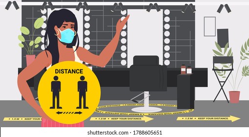 hairdresser in mask with yellow sign keeping distance to prevent coronavirus pandemic beauty salon interior horizontal portrait vector illustration