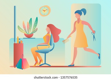 Hairdresser - the master barber hurries to the client to cut, style or dye his hair. A young woman is sitting in a beauty salon chair. Template for website design, web page. Flat Vector Illustration