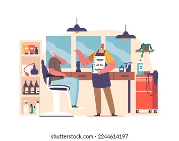Hairdresser Master and Customer in Barbershop Beauty Salon. Barbershop Services Concept with Barber Offer to Client Mustaches Style Showing Samples in Palette. Cartoon People Vector Illustration