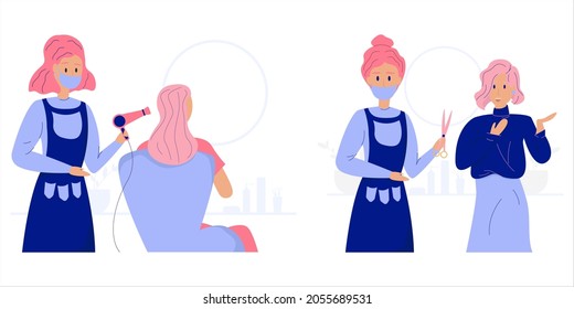 Hairdresser in a medical mask, quarantine regulations, beauty salon. Hairdresser in apron and woman client, cartoon characters. Change of appearance, profession of a stylist. Vector illustration, flat