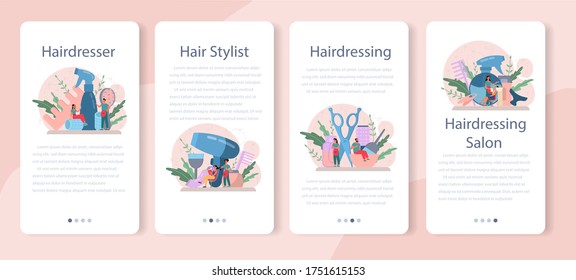 Hairdresser mobile application banner set. Idea of hair care in salon. Scissors and brush, shampoo and haircut process. Hair treatment and styling. Isolated vector illustration