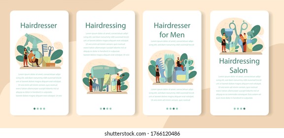 Hairdresser mobile application banner set. Idea of hair care in salon. Scissors and brush, shampoo and haircut process. Hair treatment and styling. Isolated vector illustration