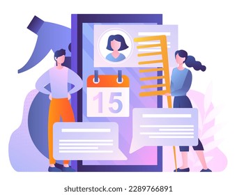 Hairdresser online service. Man and woman with hairbrush next to smartphone with calendars. Fashion, trend and style. Barber with client. Cartoon flat vector illustration