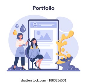 Hairdresser online service or platform. Idea of hair care in salon. Scissors and brush, shampoo and haircut process. Online portfolio. Isolated vector illustration