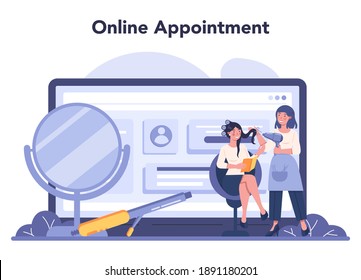 Hairdresser online service or platform. Idea of hair care in salon. Scissors and brush, shampoo and haircut process. Online appointment. Isolated vector illustration