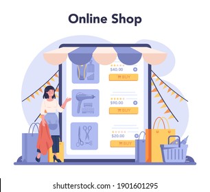 Hairdresser online service or platform. Idea of men hair and beard care. Scissors and brush, shampoo and haircut process. Online shop. Isolated flat illustration