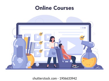 Hairdresser online service or platform. Idea of men hair and beard care. Scissors and brush, shampoo and haircut process. Online course. Isolated flat illustration