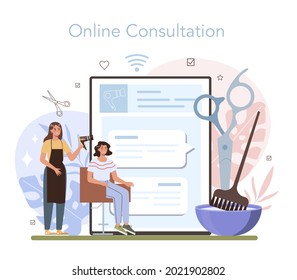 Hairdresser online service or platform. Idea of hair care in salon, haircut process. Hair coloring and styling. Online consultation. Flat vector illustration