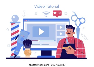 Hairdresser online service or platform. Idea of hair care in salon. Haircut process. Hair coloring and styling. Video tutorial. Flat vector illustration