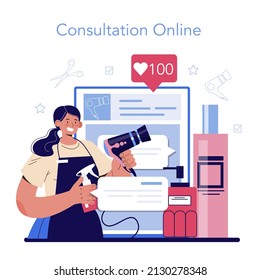 Hairdresser online service or platform. Idea of hair care in salon. Haircut process. Hair coloring and styling. Online consultation. Flat vector illustration
