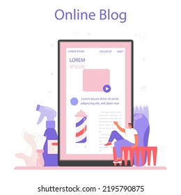 Hairdresser online service or platform. Idea of hair care in salon with professional equipment, shampoo and treatment. Online blog. Flat vector illustration