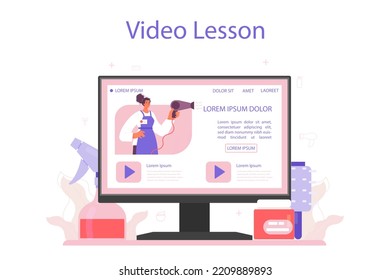 Hairdresser online service or platform. Idea of hair care in salon with professional equipment, shampoo and treatment. Video lesson. Flat vector illustration