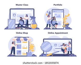 Hairdresser online service or platform set. Idea of hair care in salon. Scissors and brush, shampoo and haircut process. Online shop, portfolio, appointment, master class. Isolated vector illustration