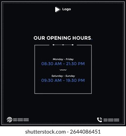 Cabeleireiro Horas de Abertura Banner e Label Vetor Design - Layout de Retângulo Horizontal com Ilustração de Tesoura, Número de Telefone, Detalhes da Promoção, Esquema de Varejo e Informações de Loja de Vestiário Frontal

