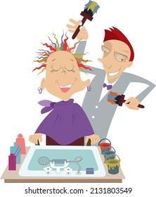 Hairdresser paints hair of the woman illustration. 
Funny cartoon hairdresser makes to woman a colored stylish haircut isolated on white background
