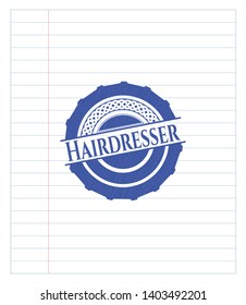 Hairdresser pen emblem. Blue ink. Vector Illustration. Detailed.