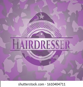 Hairdresser pink and purple camouflage emblem. Vector Illustration. Detailed.